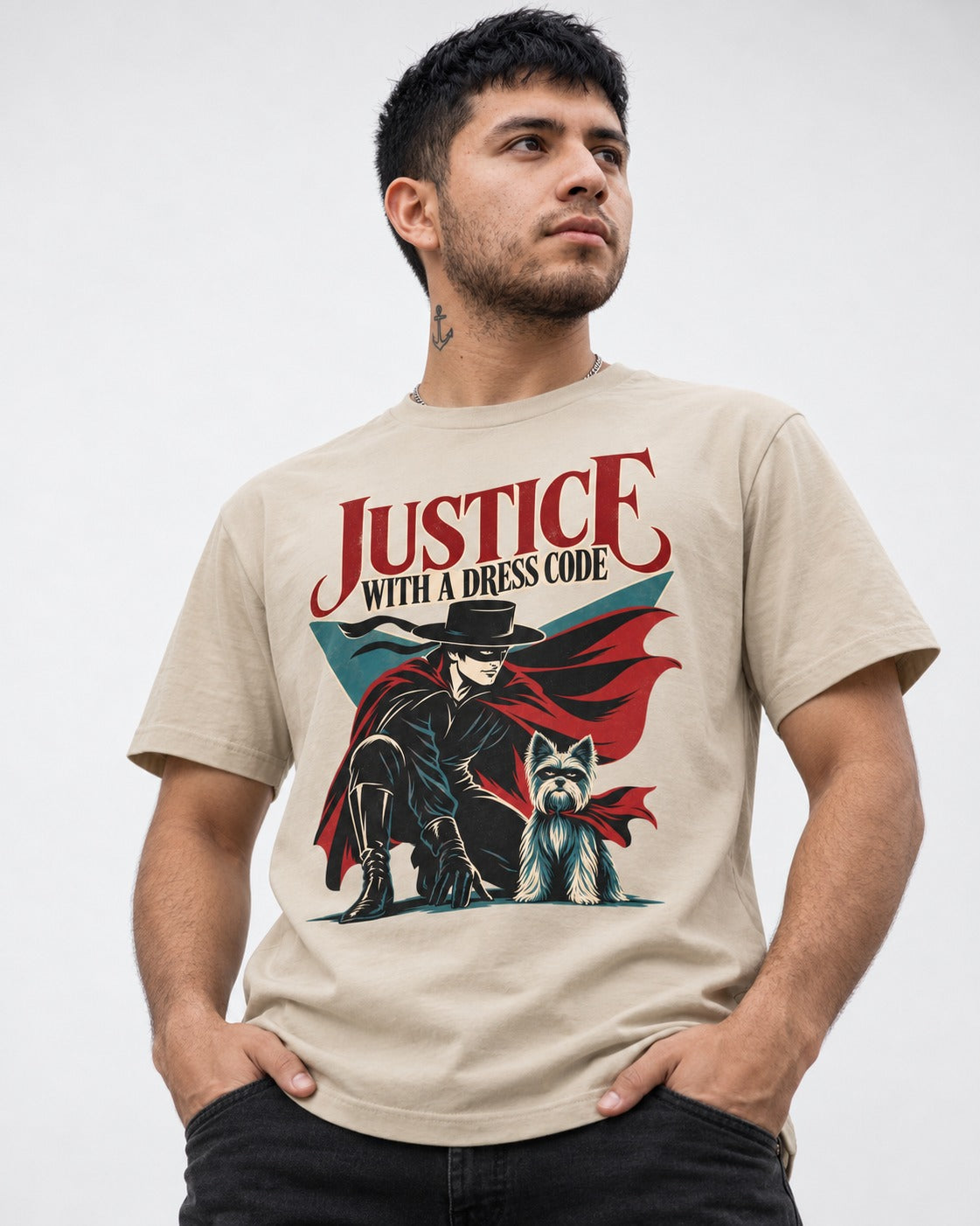 Yorkshire Terrier Dress Code Justice T-Shirt in Sand, worn by a model