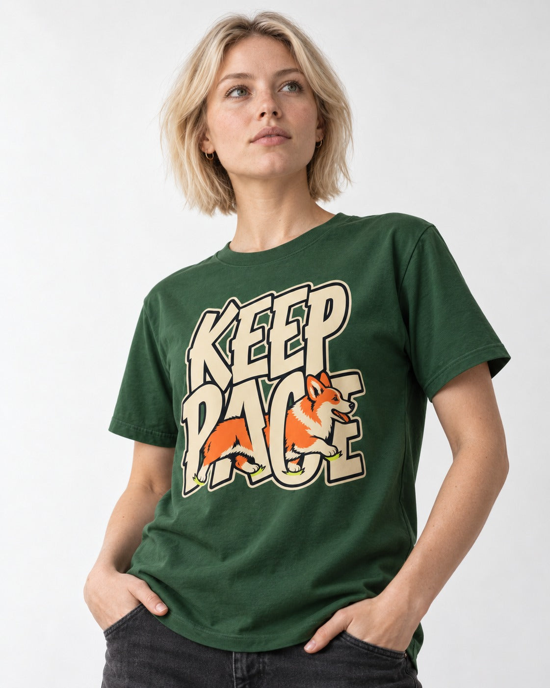 Corgi Keep Pace Running Typographic Graphic T-Shirt in Forest Green, worn by a model