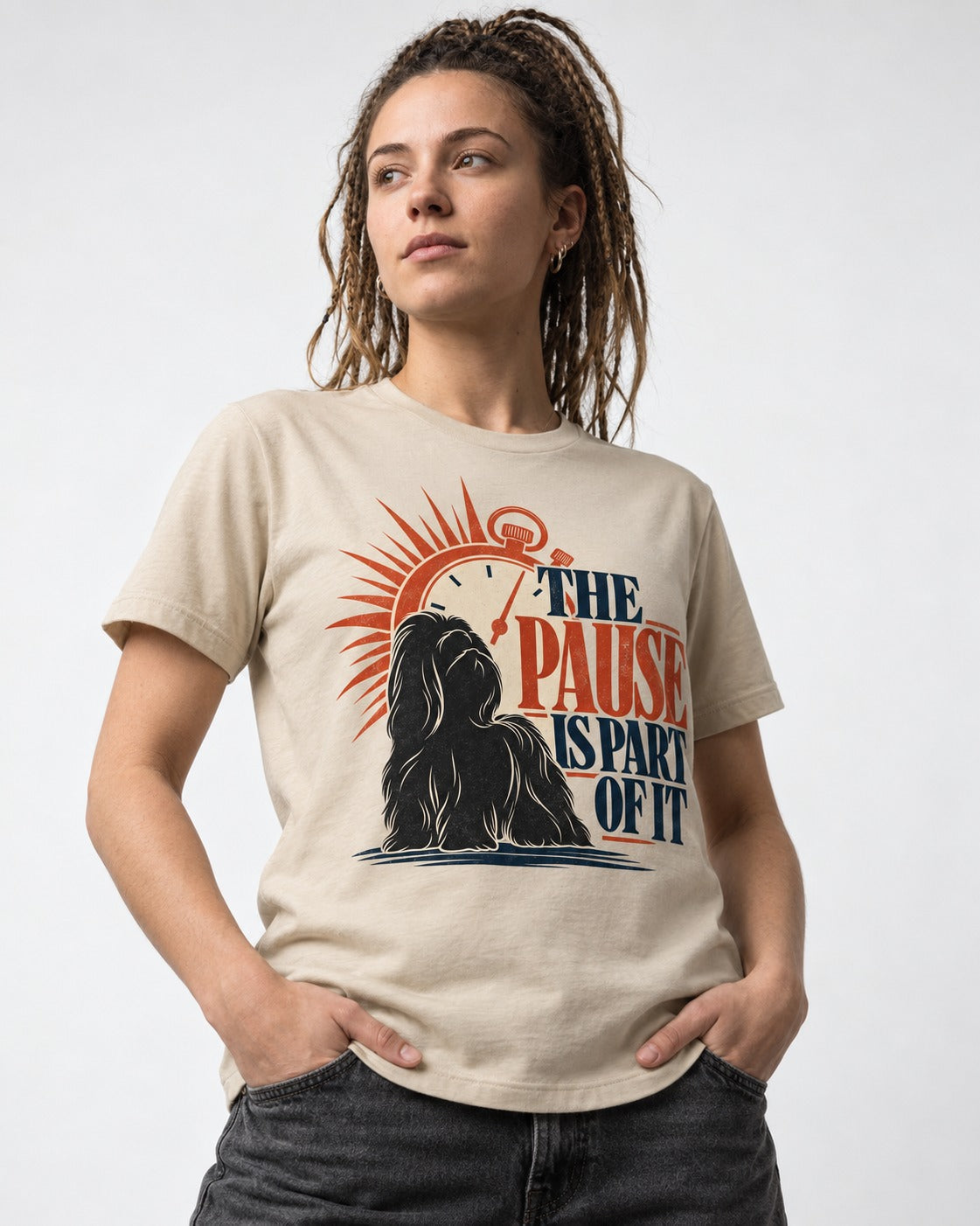 The Shih Tzu Pause T-Shirt in Sand, worn by a model