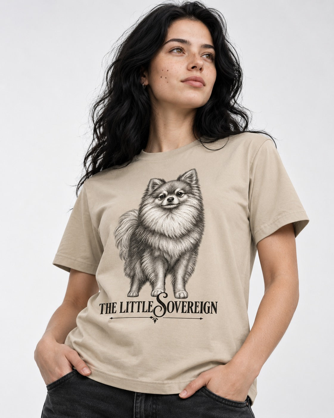 The Little Sovereign Pomeranian T-Shirt in Sand, worn by a model