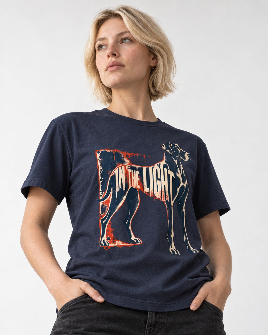 Great Dane In the Light Industrial Frame Graphic T-Shirt in Navy, worn by a model