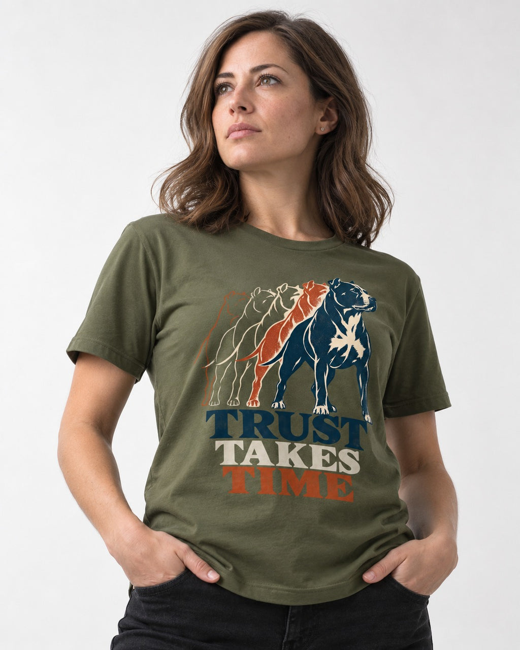 Pitbull Trust Takes Time Progression Graphic T-Shirt in Heather Military Green, worn by a model