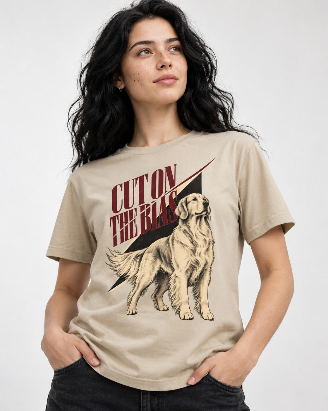 Cut on the Bias Golden Retriever T-Shirt in Sand, worn by a model