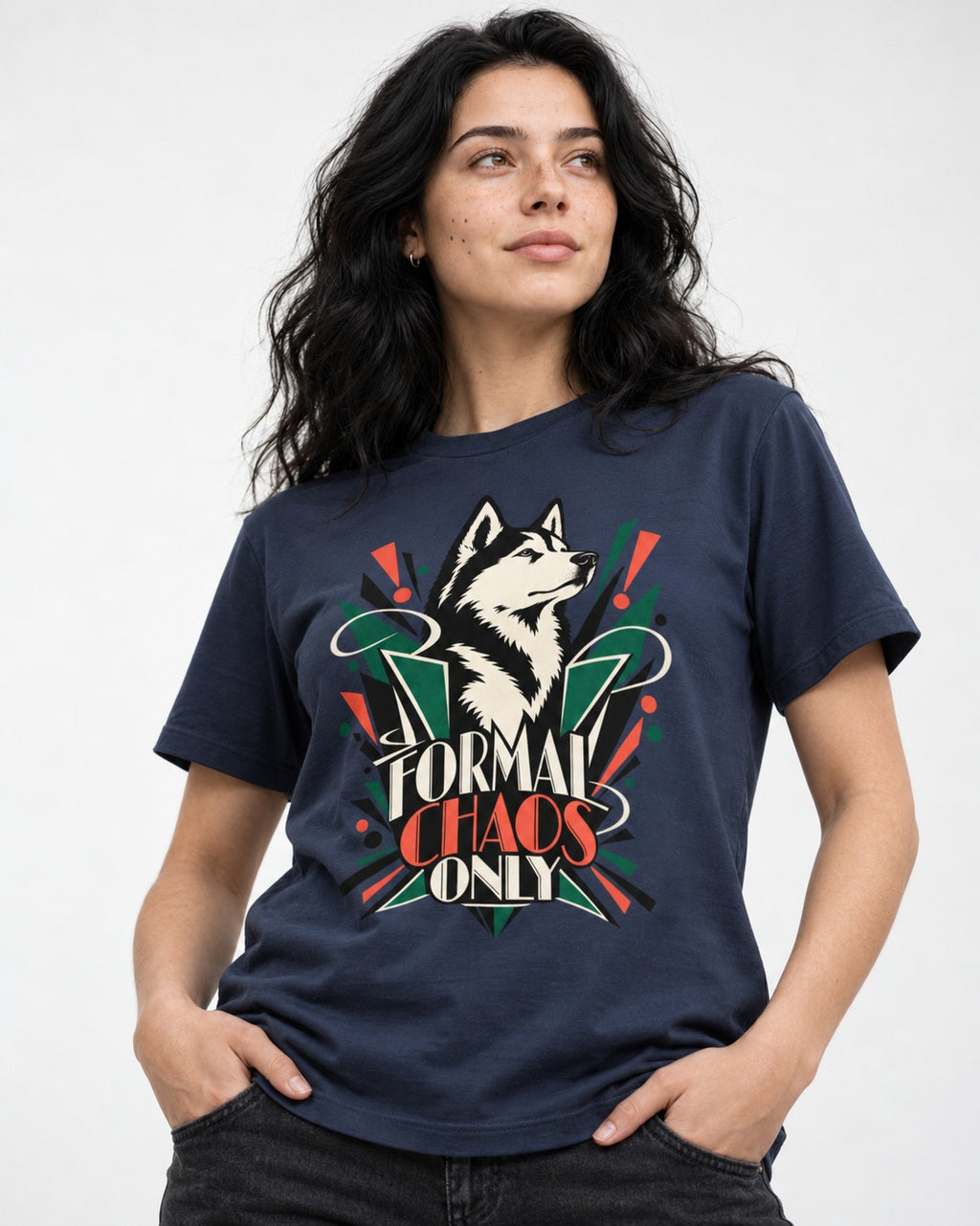 Husky Formal Chaos Only Art Deco Portrait Graphic T-Shirt in Navy, worn by a model