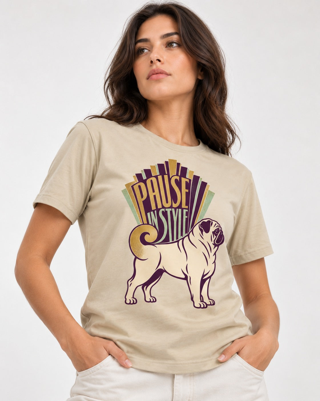 Pug Pause T-Shirt in Sand, worn by a model