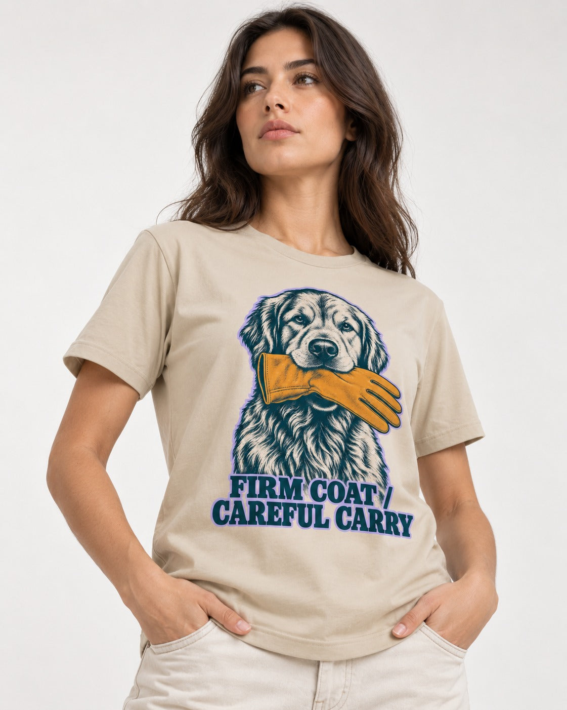 Golden Retriever Firm Coat Careful Carry T-Shirt in Sand, worn by a model