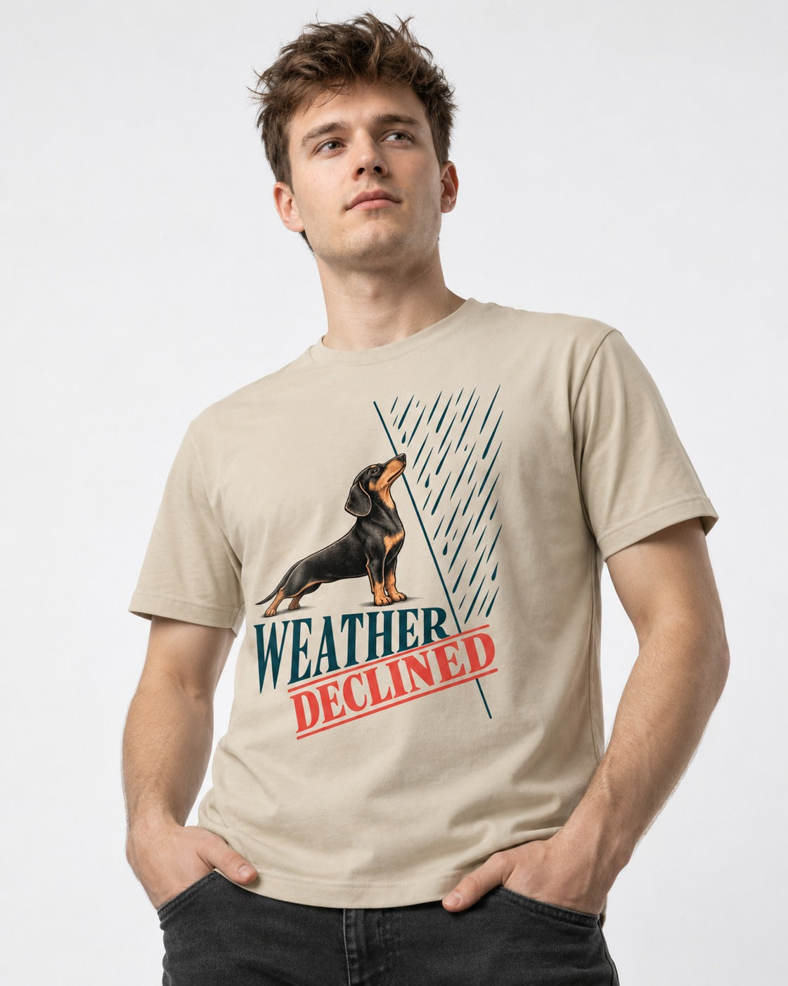 Weather Declined by Dachshund T-Shirt in Sand, worn by a model
