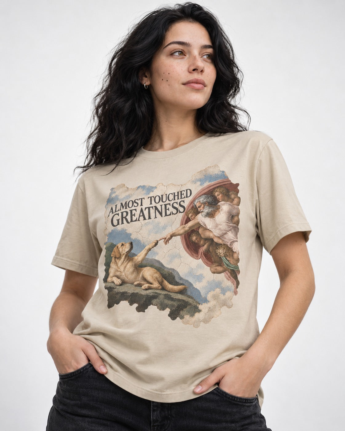Labrador Retriever Almost Touched Greatness T-Shirt in Sand, worn by a model