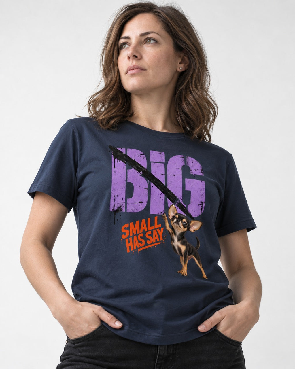 Chihuahua Big Small Has Say Diagonal Slash Graphic T-Shirt in Navy, worn by a model