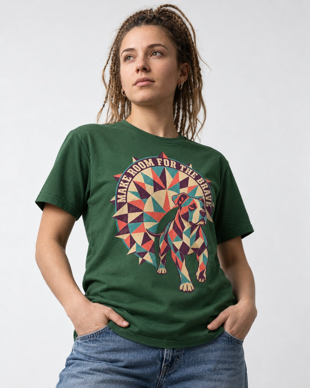 Pitbull Make Room for the Brave Mosaic Graphic T-Shirt in Forest Green, worn by a model