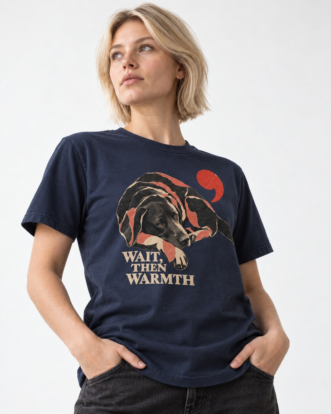Labrador Retriever Wait Then Warmth Blanket Pause Graphic T-Shirt in Navy, worn by a model