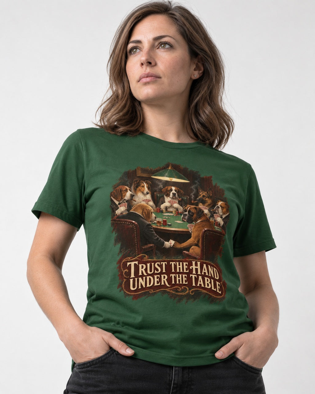 Trust the Hand Under the Table Boxer Poker Graphic T-Shirt in Forest Green, worn by a model