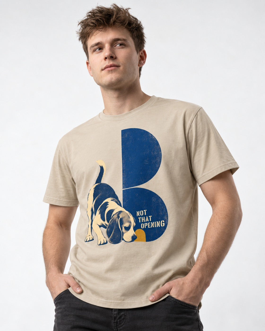 Not That Opening Beagle T-Shirt in Sand, worn by a model