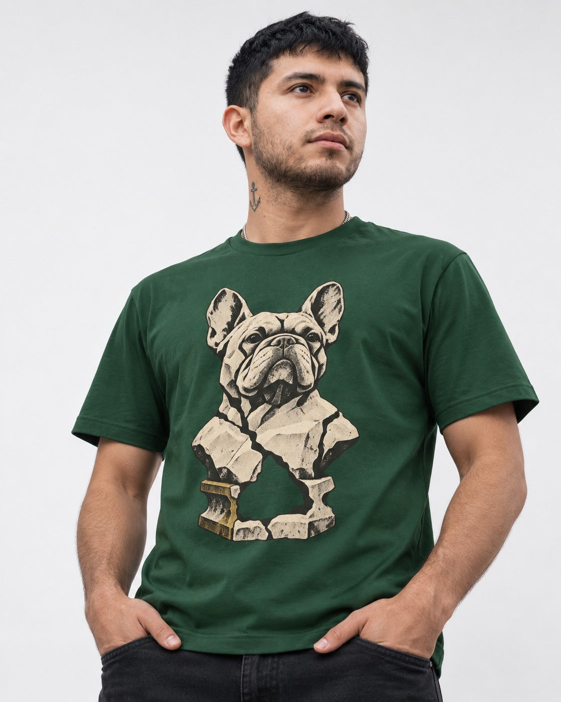Frenchie Fractured Stone Bust Graphic T-Shirt in Forest Green, worn by a model