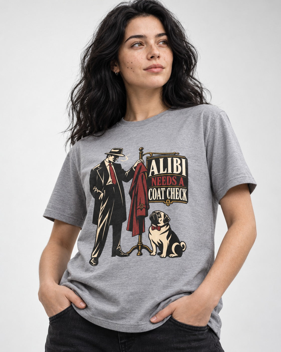 Pug Alibi Needs Coat Check T-Shirt in Sport Grey, worn by a model