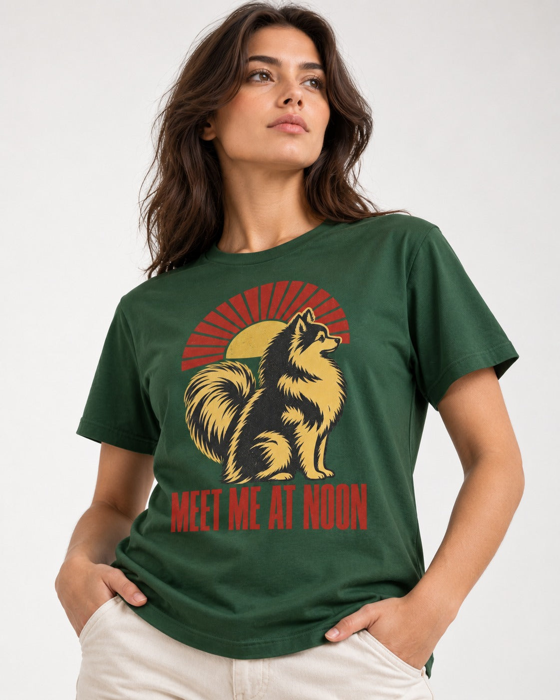 Pomeranian Meet Me at Noon Sunburst Graphic T-Shirt in Forest Green, worn by a model