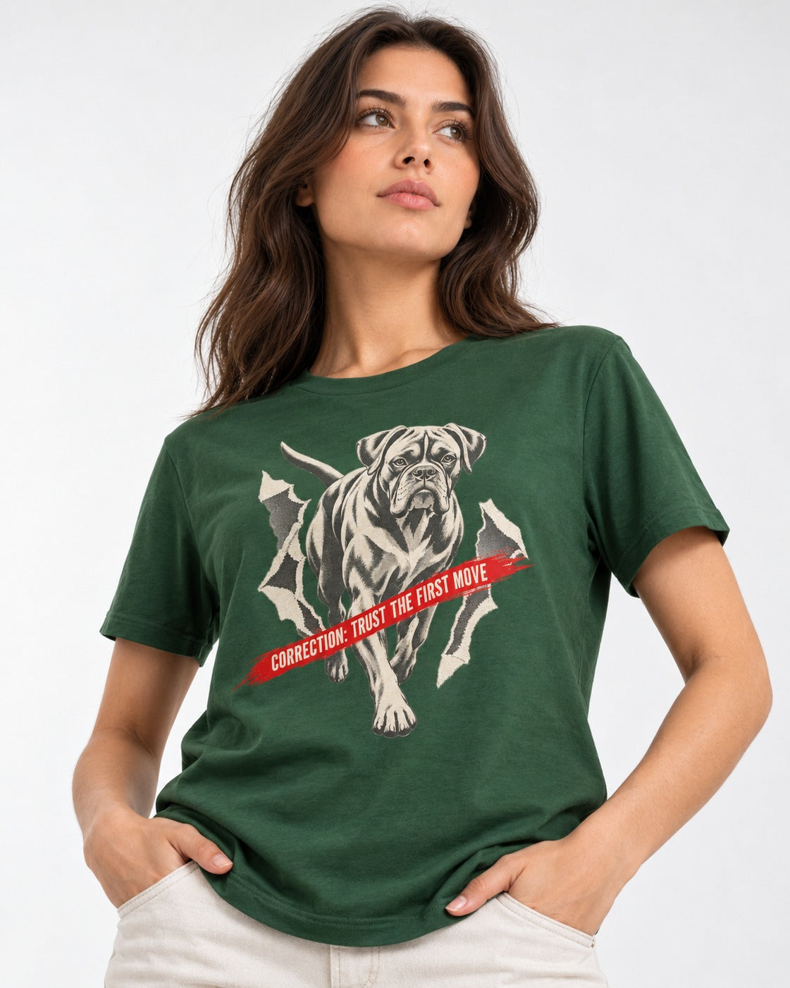 Mastiff Mismatch Boxer Needs Review T-Shirt in Forest Green, worn by a model