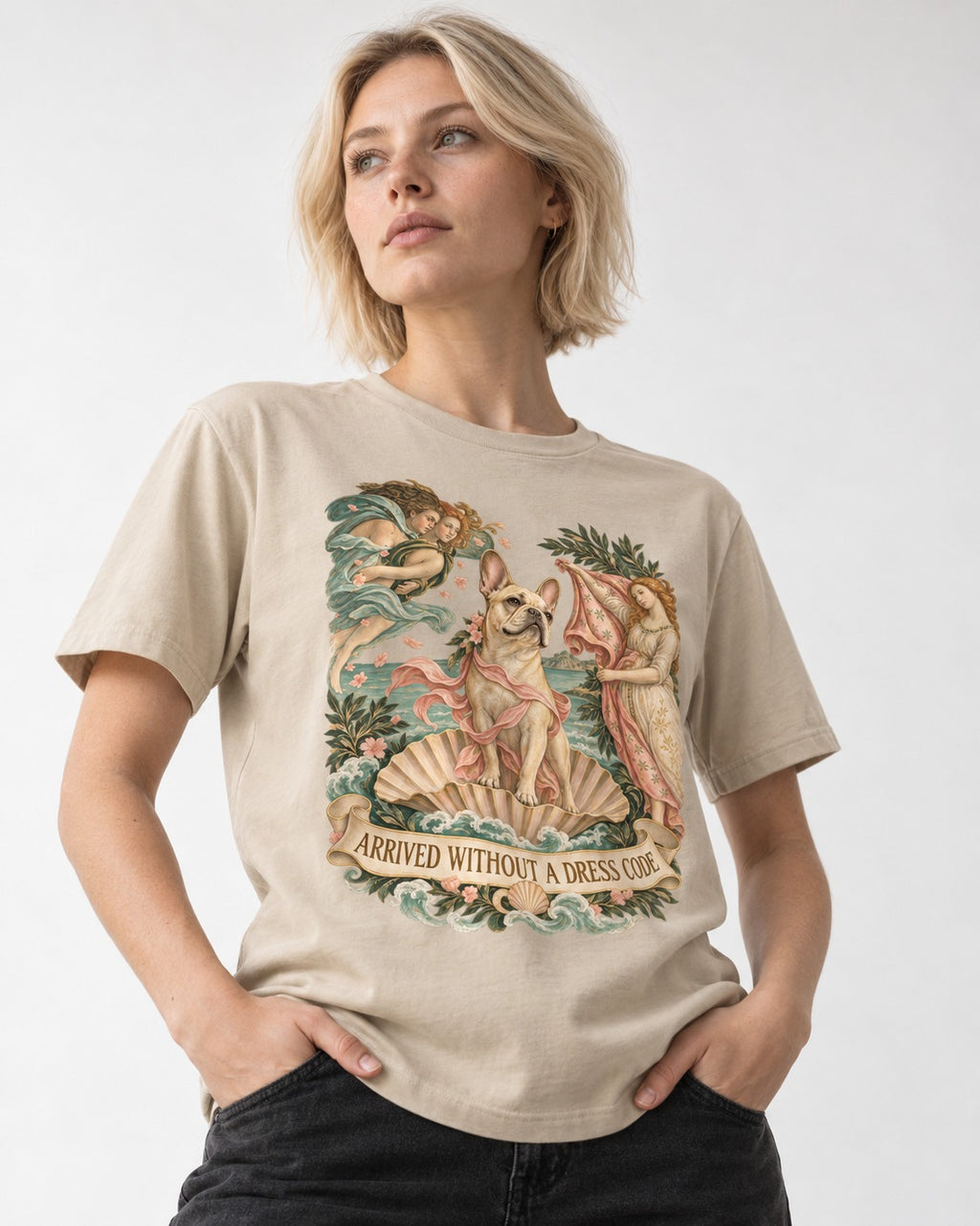 Frenchie Without a Dress Code T-Shirt in Sand, worn by a model