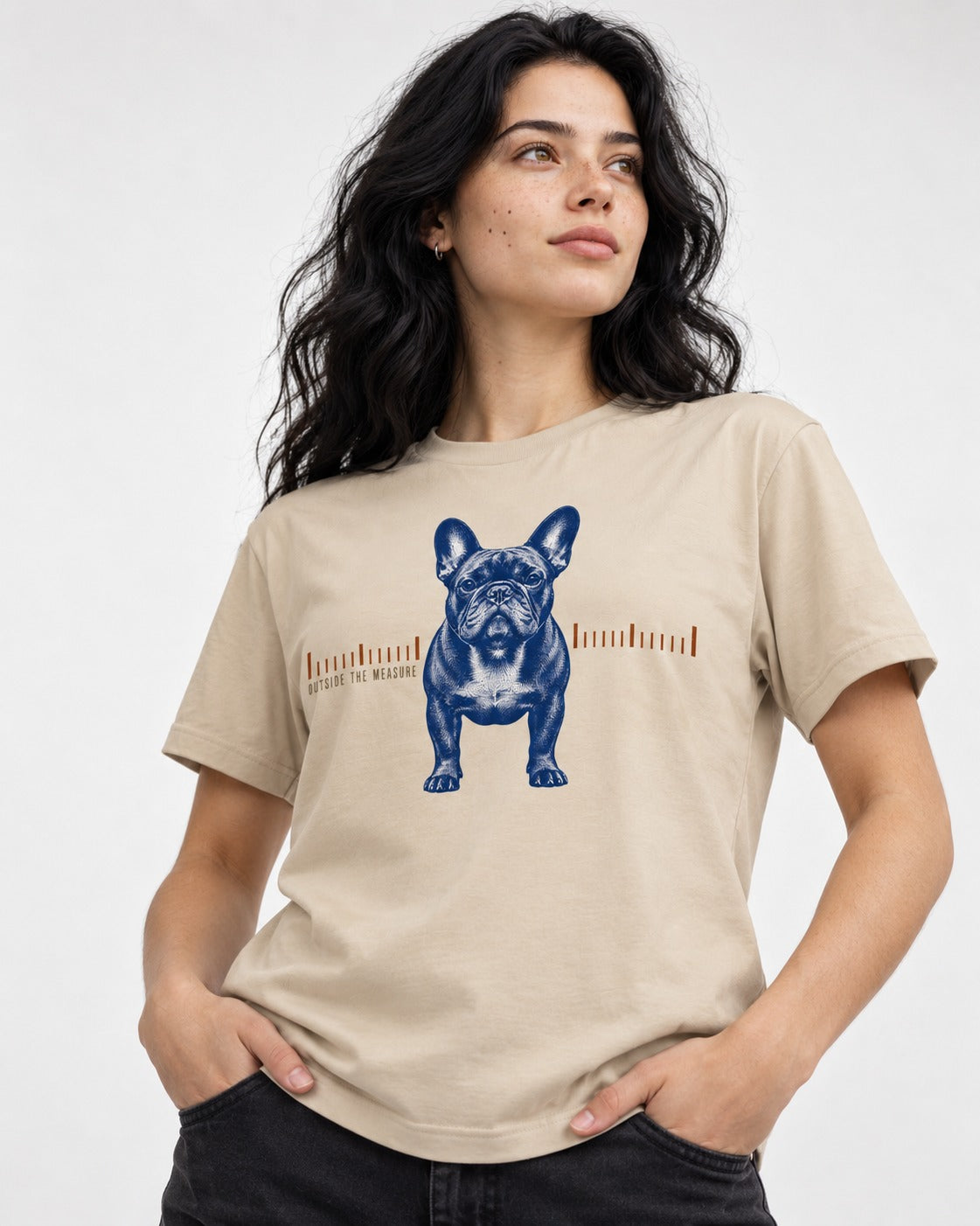 Frenchie Outside the Measure T-Shirt in Sand, worn by a model