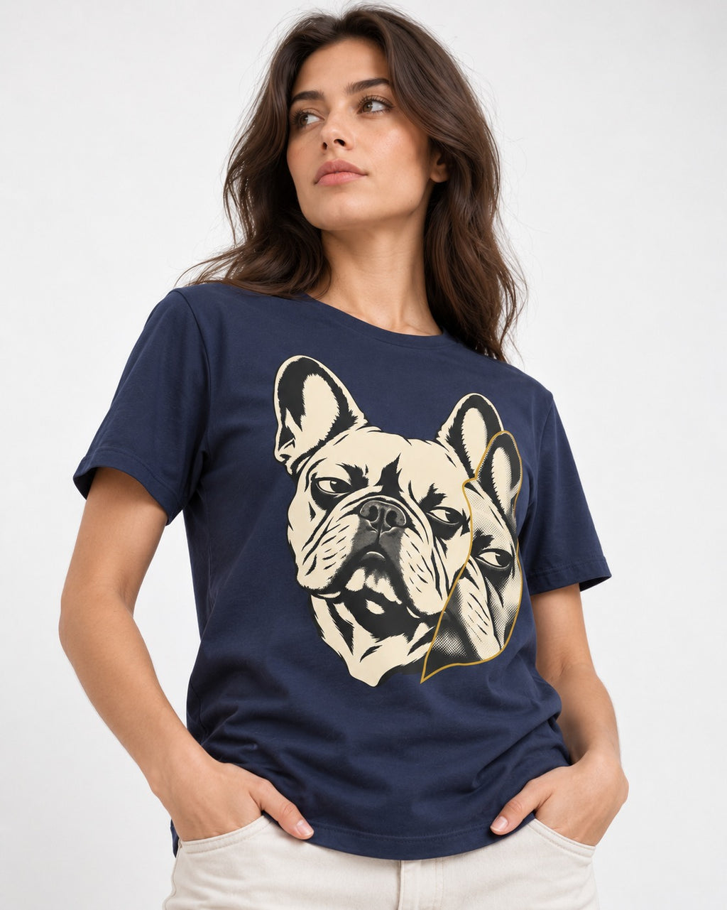 Frenchie Double Crop Side Eye Portrait Graphic T-Shirt in Navy, worn by a model