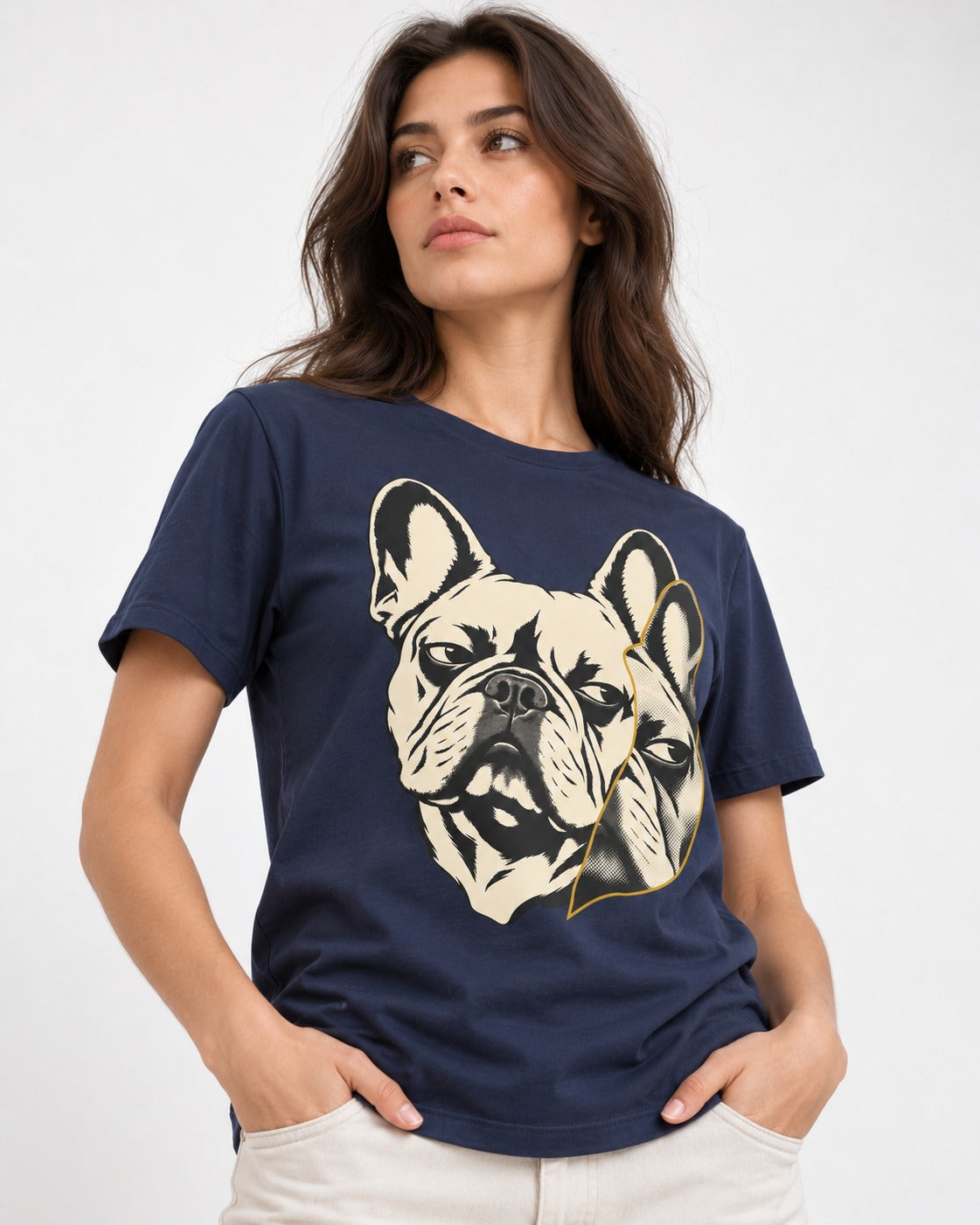 Frenchie Double Crop Side Eye Portrait Graphic T-Shirt in Navy, worn by a model
