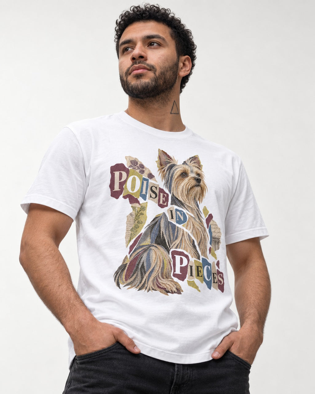 Yorkshire Terrier Poise in Pieces Torn Paper Collage Graphic T-Shirt in White, worn by a model