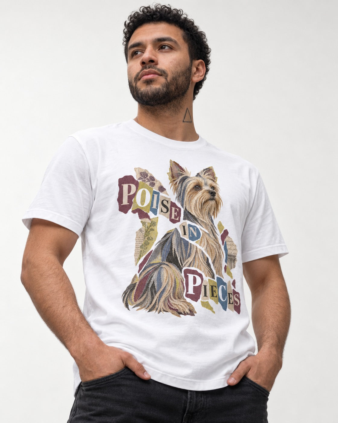 Yorkshire Terrier Poise in Pieces Torn Paper Collage Graphic T-Shirt in White, worn by a model