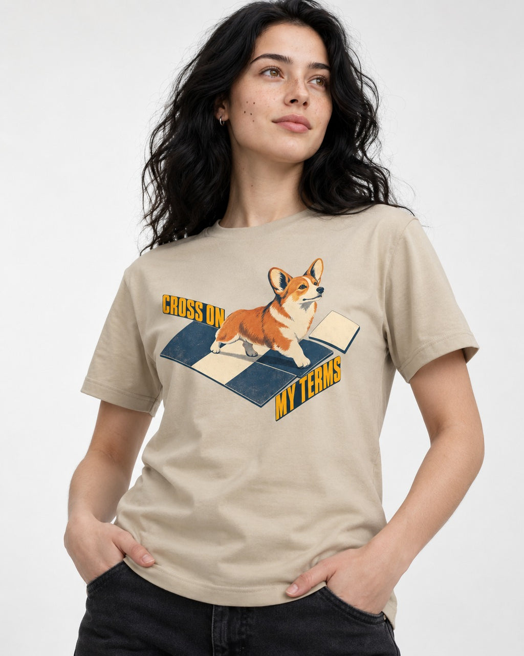 Corgi On My Terms T-Shirt in Sand, worn by a model