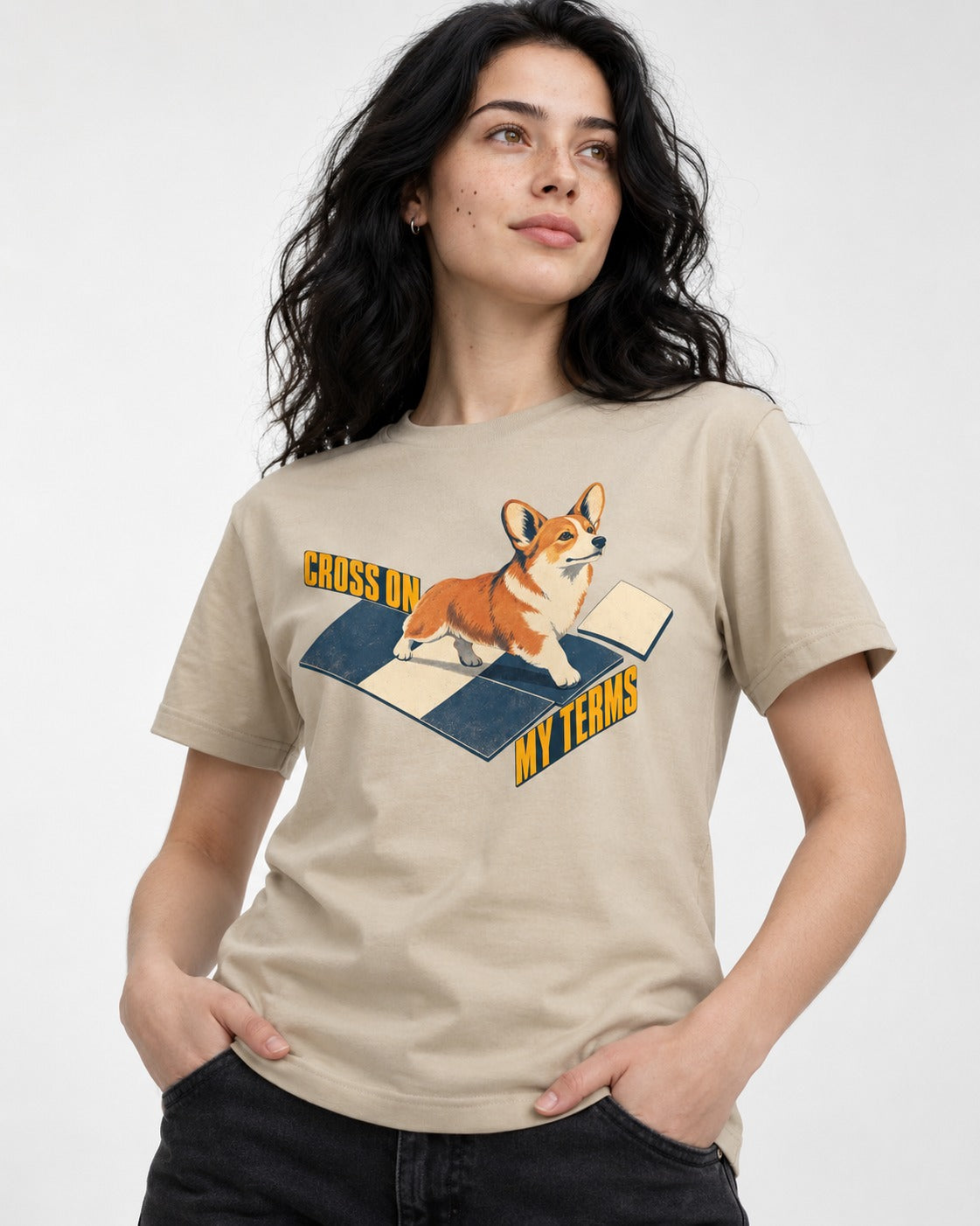 Corgi On My Terms T-Shirt in Sand, worn by a model