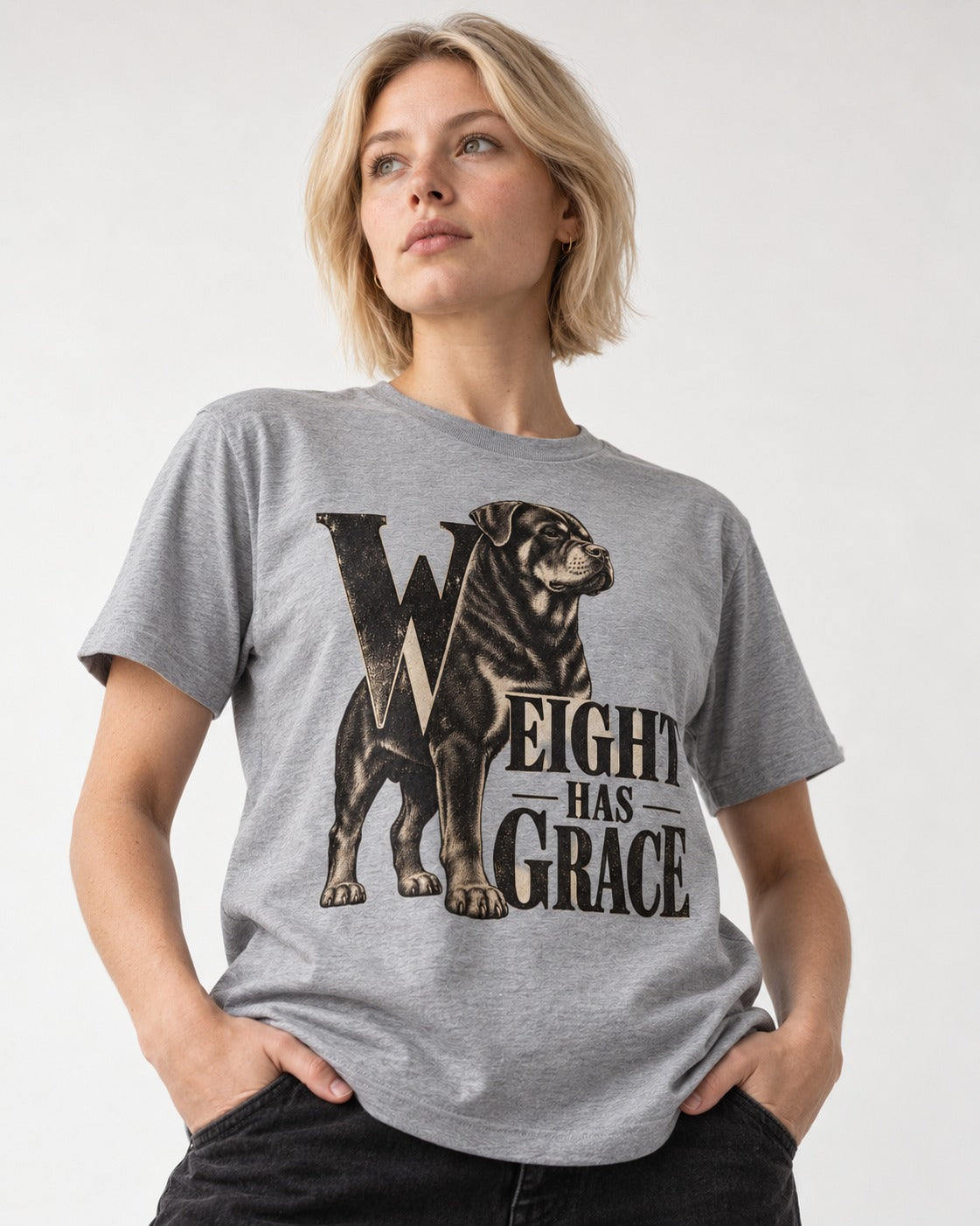 Rottweiler Weight Has Grace T-Shirt in Sport Grey, worn by a model