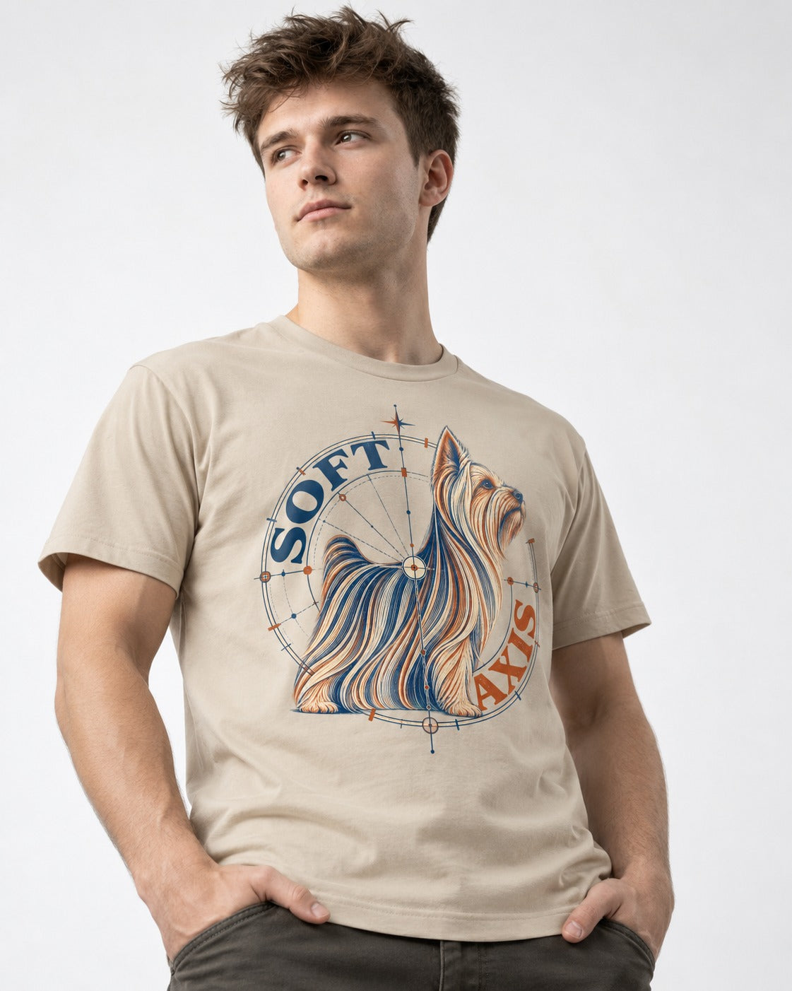 Soft Axis Yorkshire Terrier T-Shirt in Sand, worn by a model