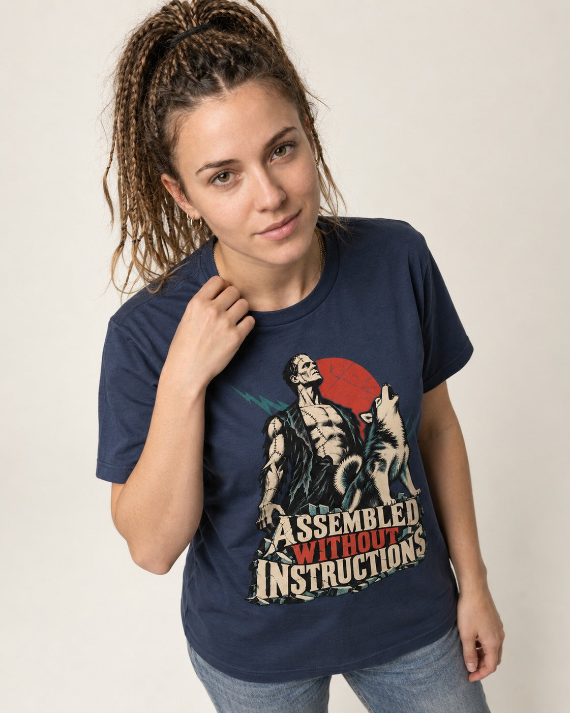 Husky Assembled Without Instructions Frankenstein Graphic T-Shirt in Navy, worn by a model