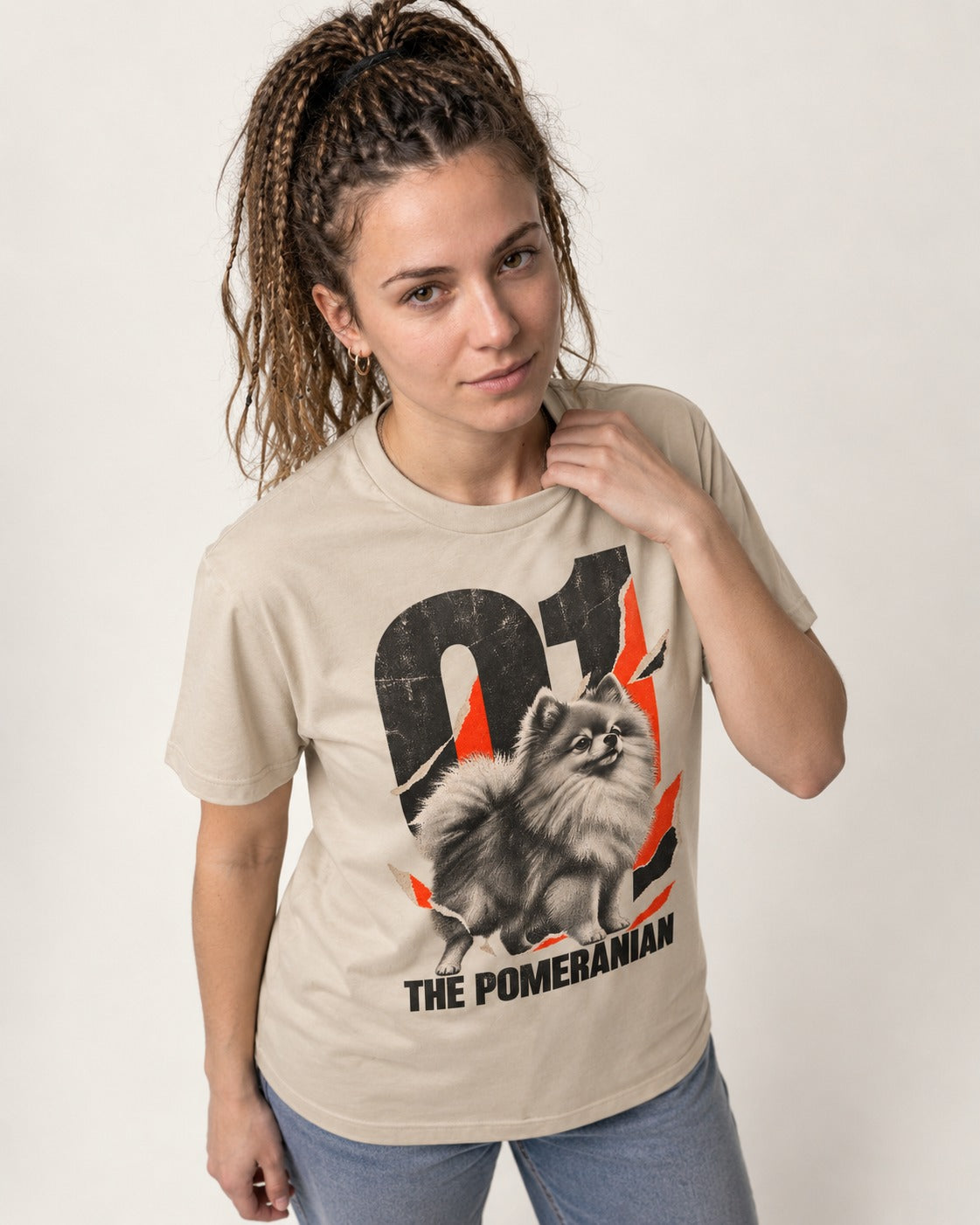The Pomeranian T-Shirt in Sand, worn by a model