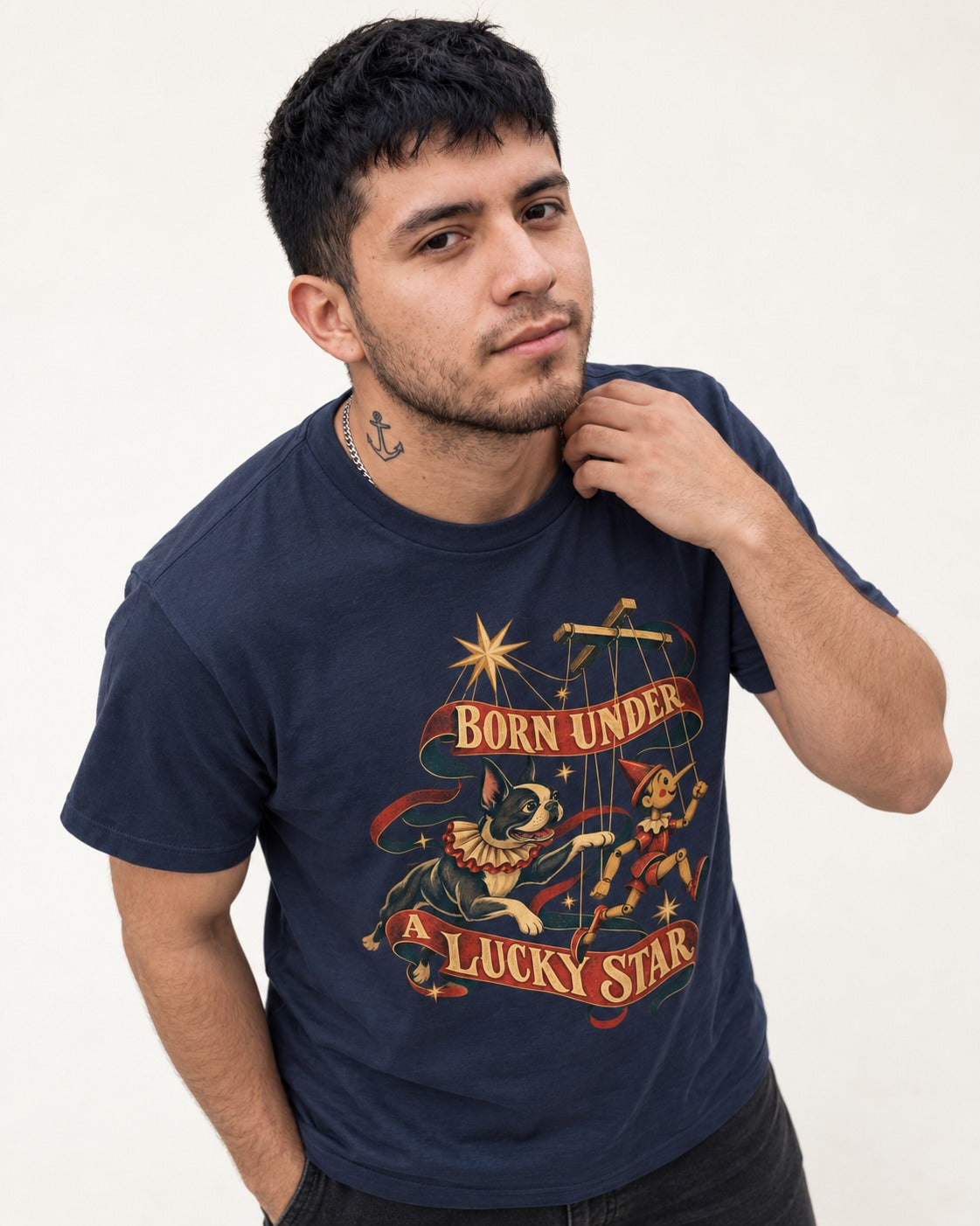 Born Under a Lucky Star Boston Terrier T-Shirt in Navy, worn by a model