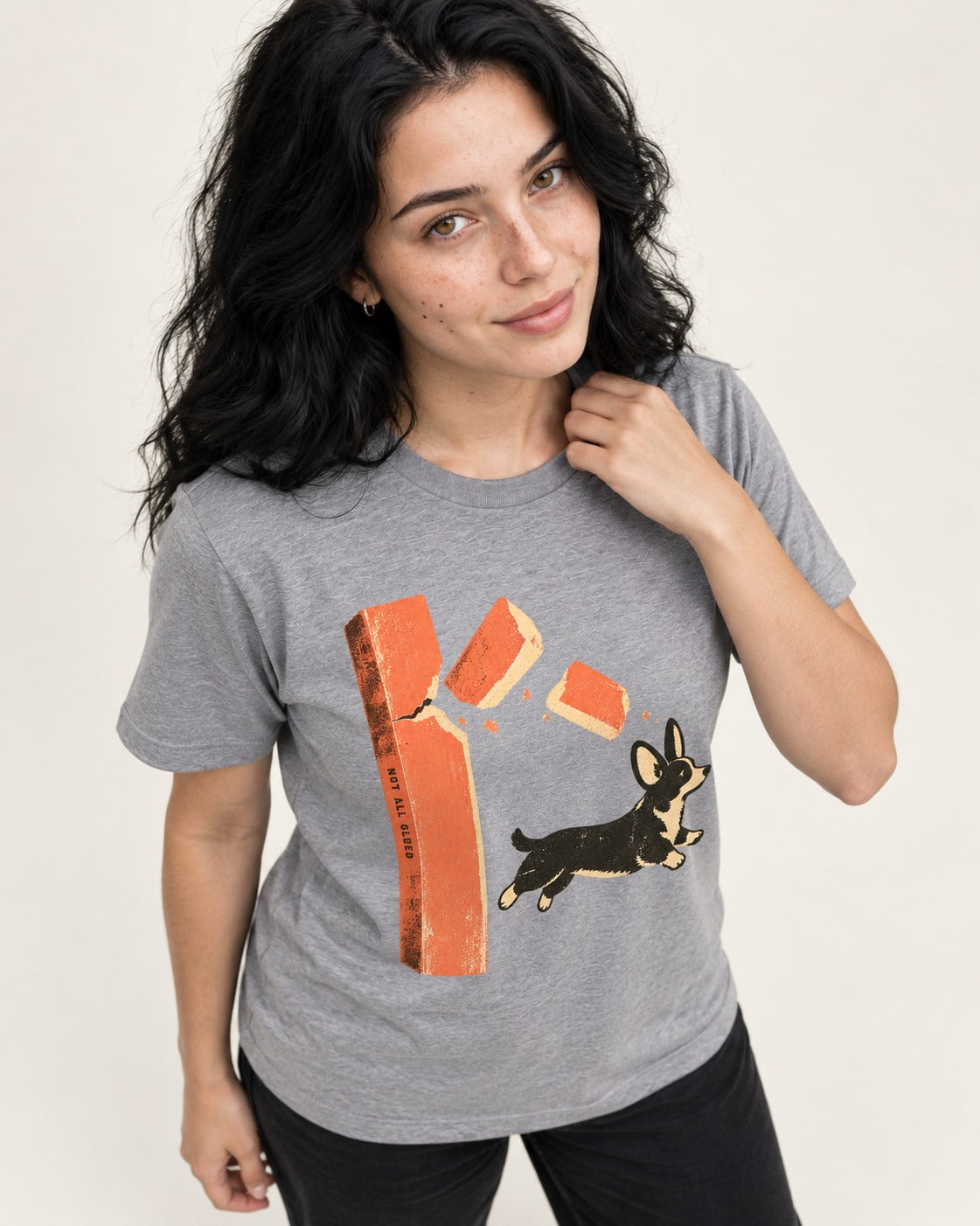 Not All Glued Corgi T-Shirt in Sport Grey, worn by a model