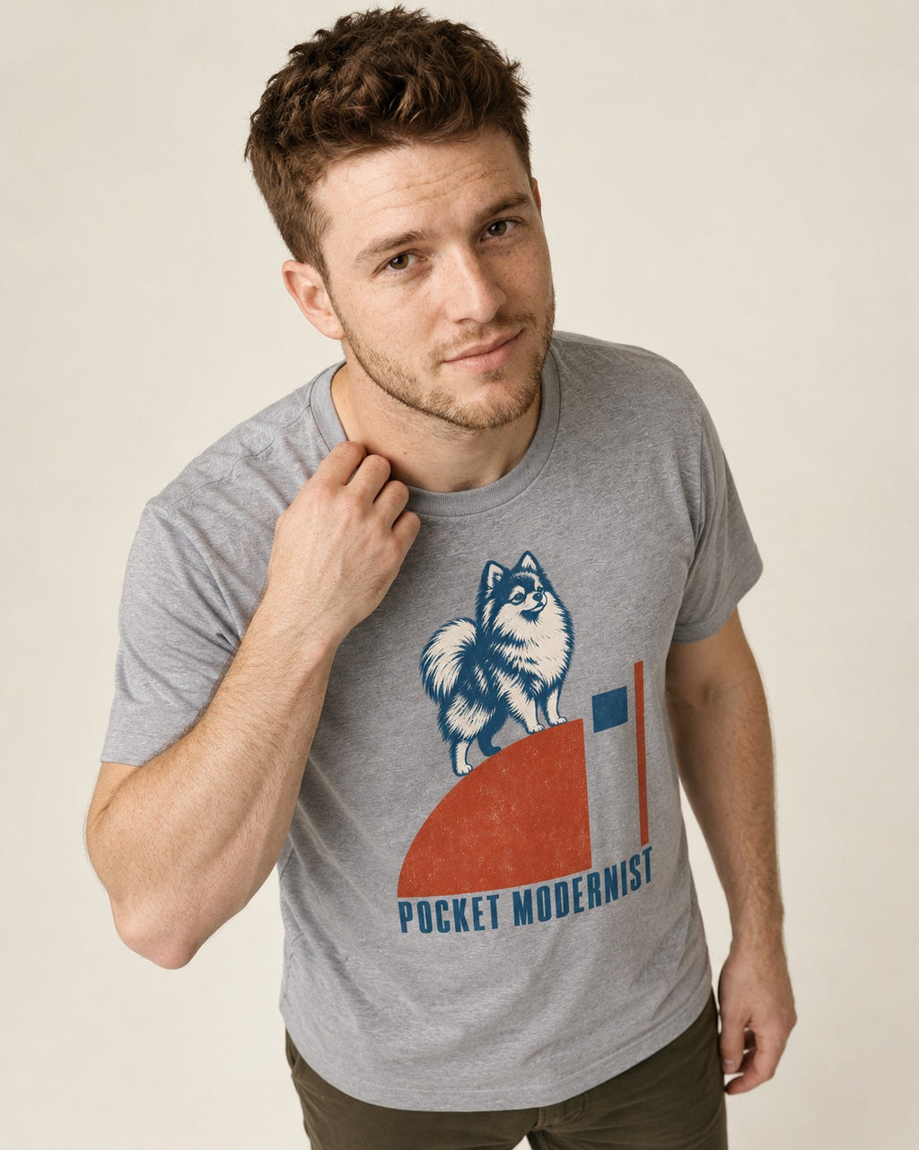 Pocket Modernist Pomeranian T-Shirt in Sport Grey, worn by a model