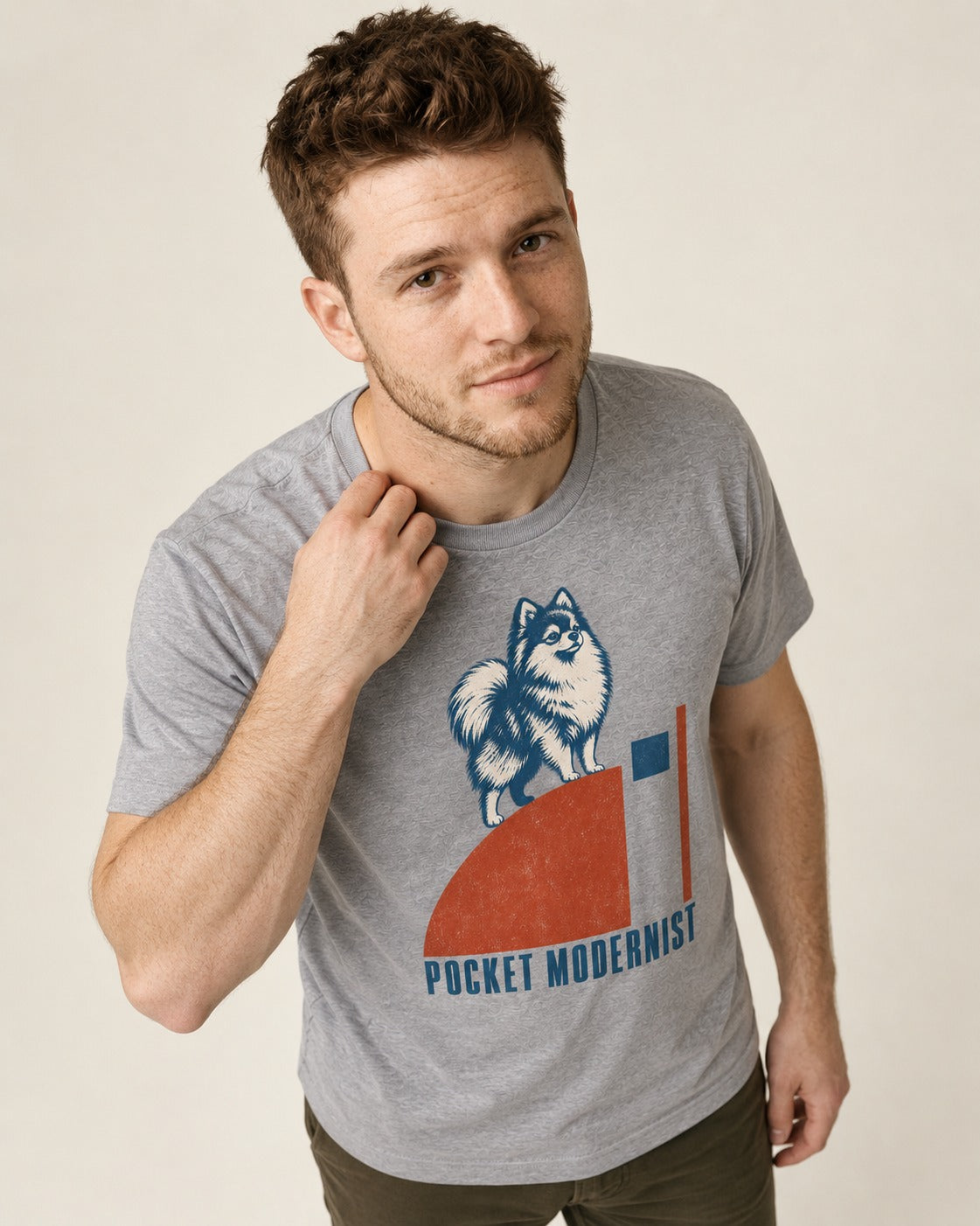 Pocket Modernist Pomeranian T-Shirt in Sport Grey, worn by a model