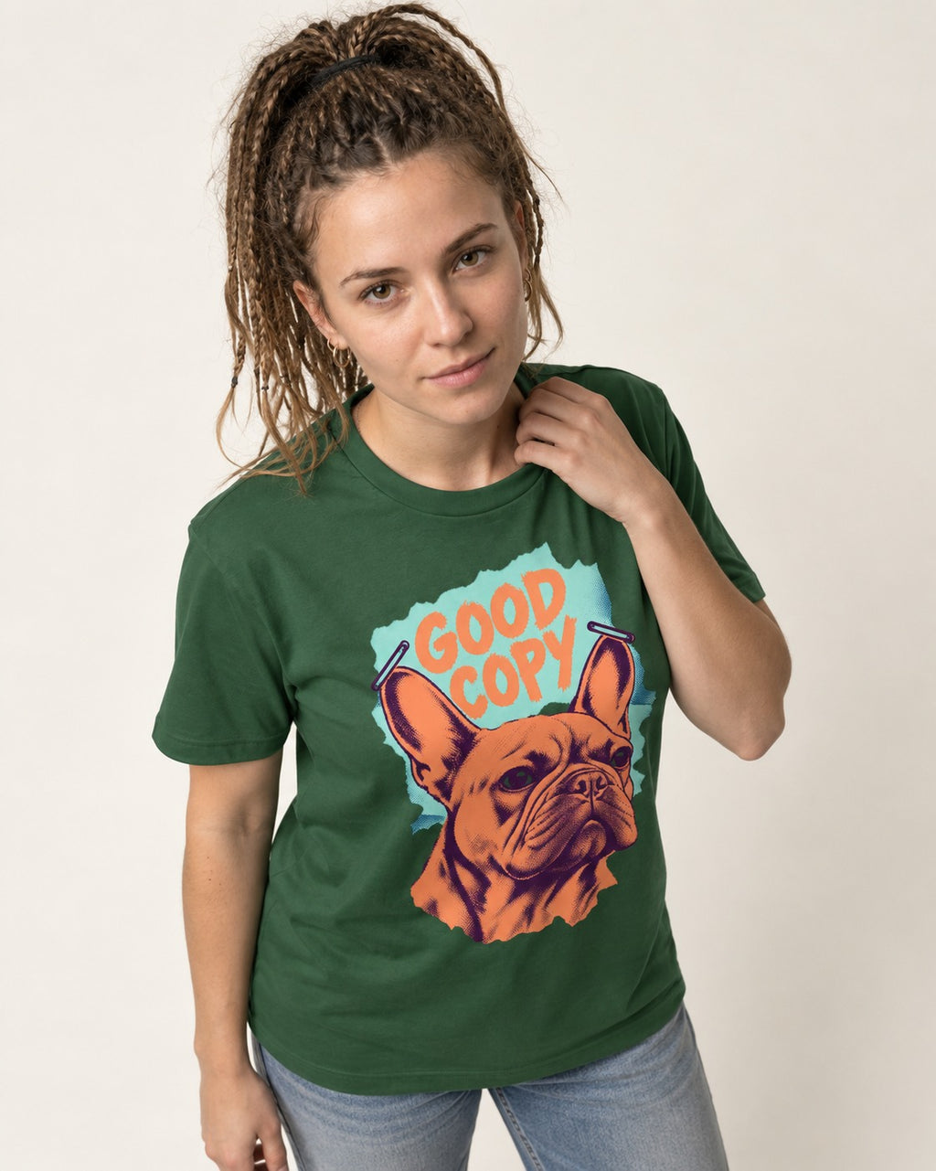 Frenchie Good Copy Stapled Zine Graphic T-Shirt in Forest Green, worn by a model