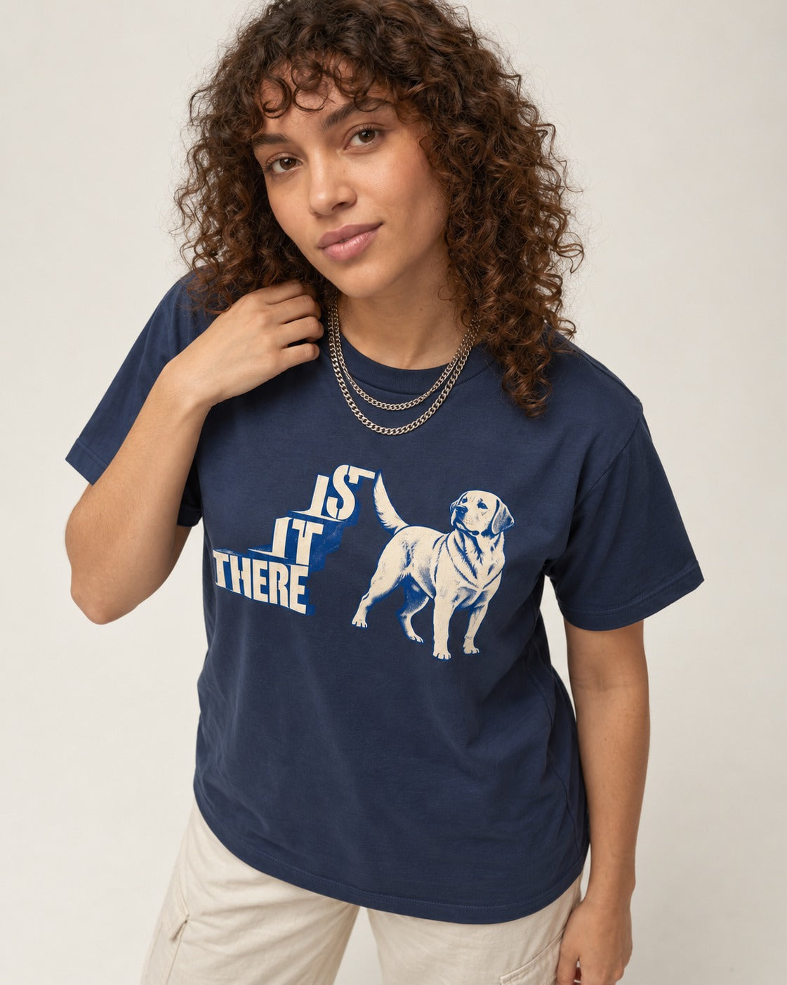 Labrador Retriever Is It There Stair-Step Graphic T-Shirt in Navy, worn by a model