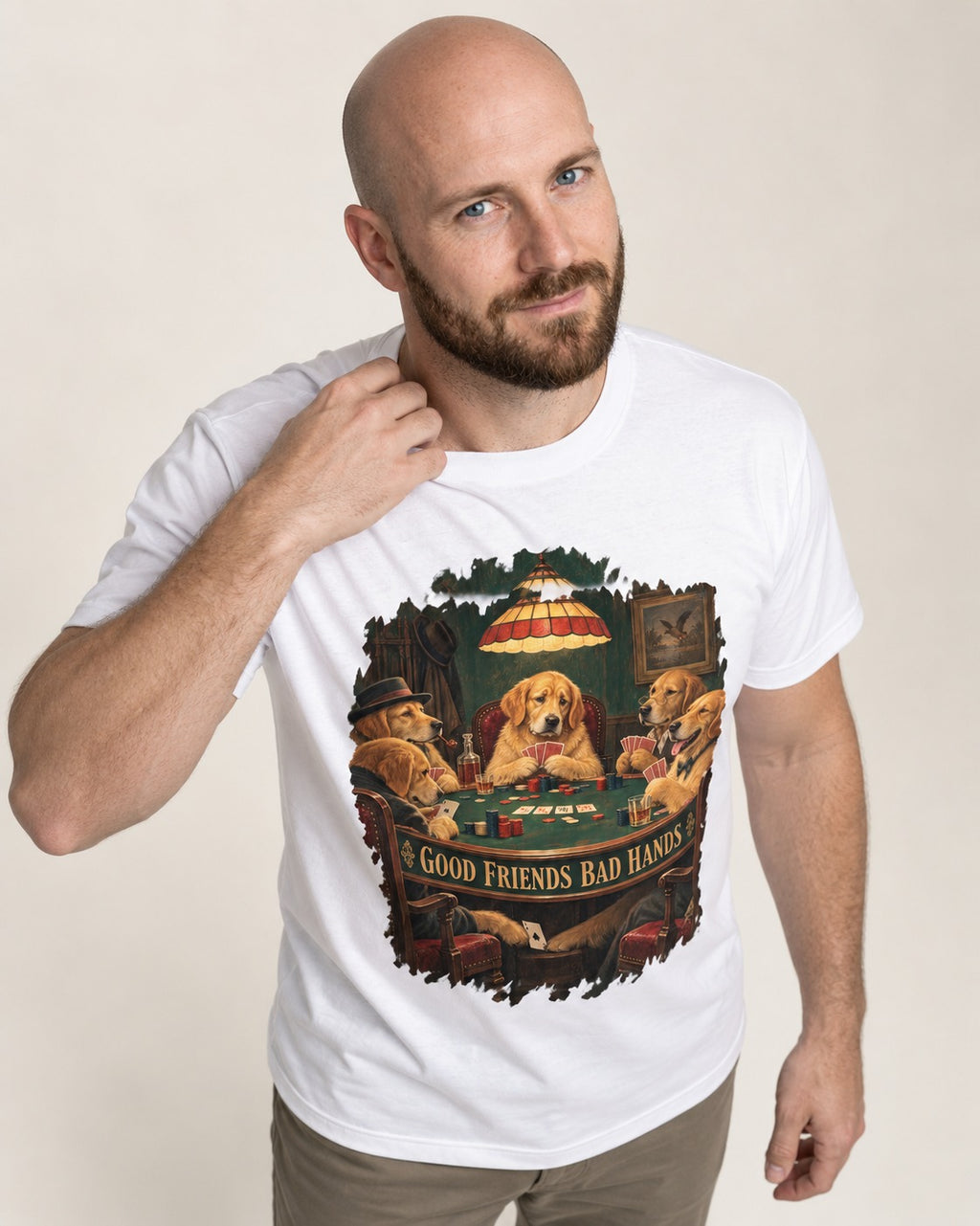 Good Friends Bad Hands Poker Golden Retriever Graphic T-Shirt in White, worn by a model