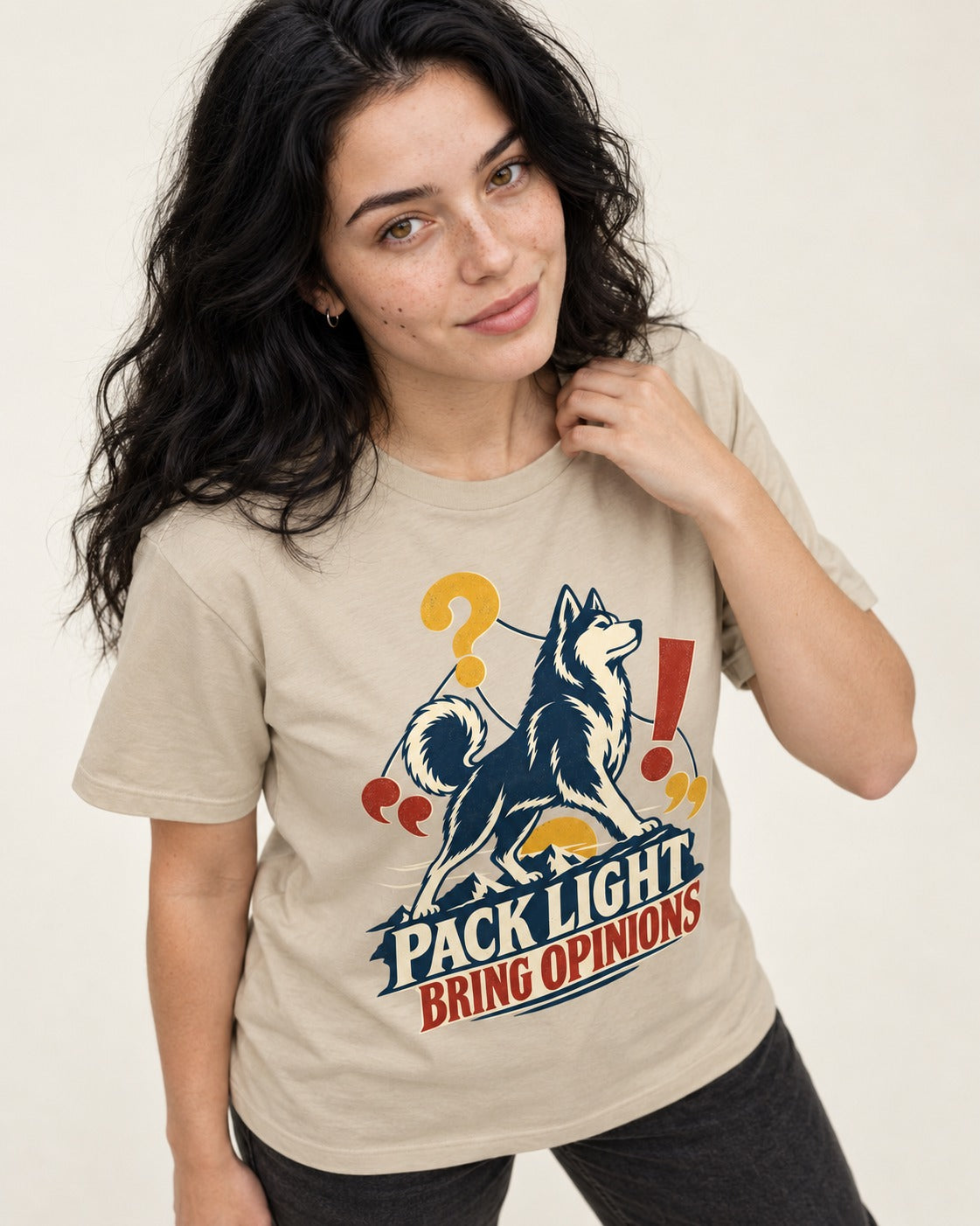 Husky Pack Light Bring Opinions T-Shirt in Sand, worn by a model