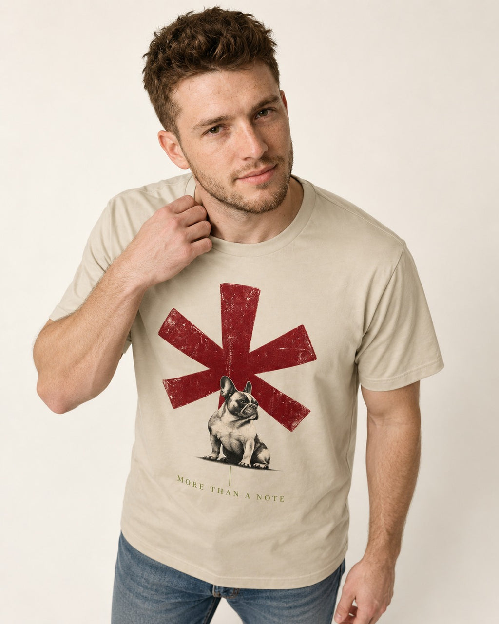 Frenchie More Than a Note T-Shirt in Sand, worn by a model
