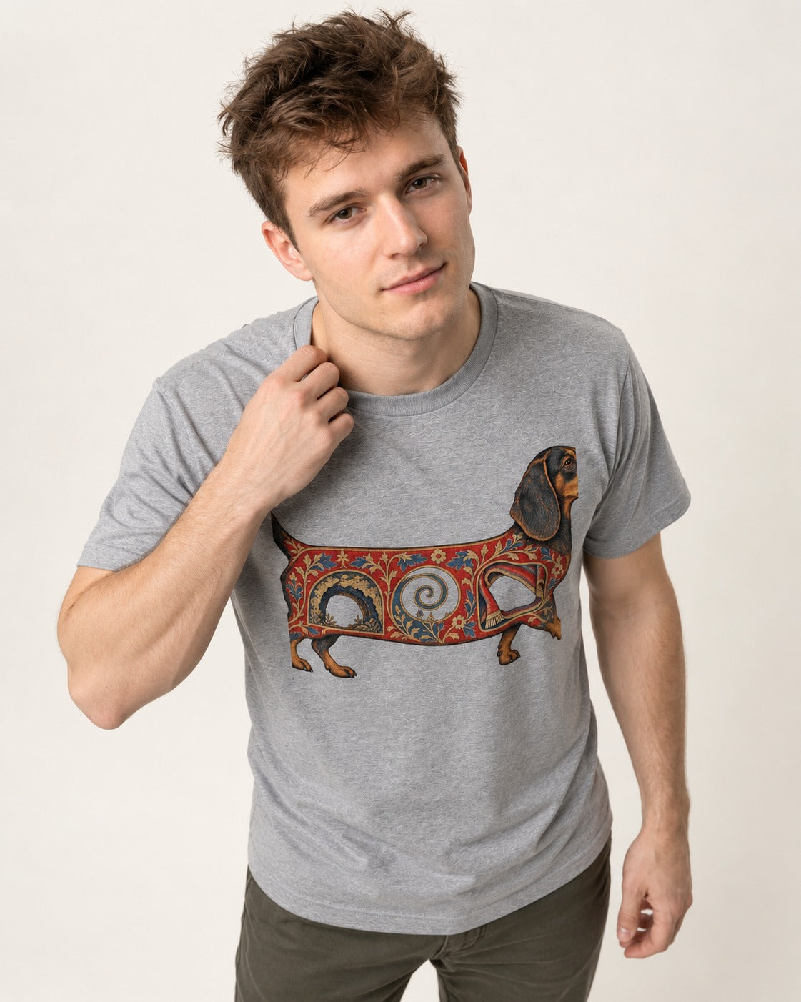 Dachshund Ever After T-Shirt in Sport Grey, worn by a model