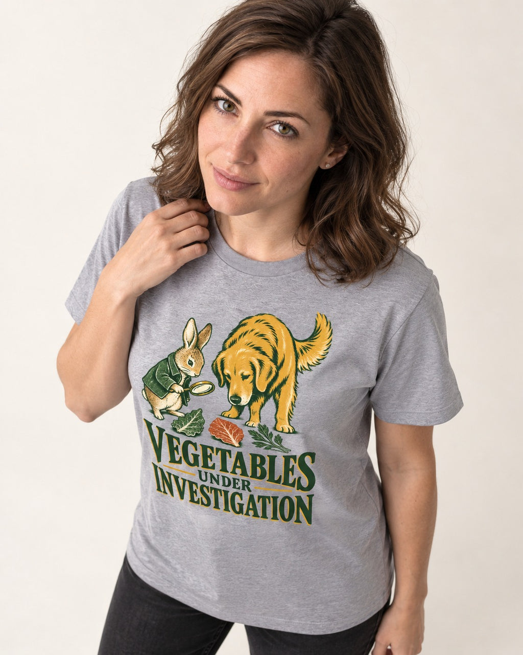 Golden Retriever Vegetables Under Investigation Rabbit Detective Graphic T-Shirt in Sport Grey, worn by a model