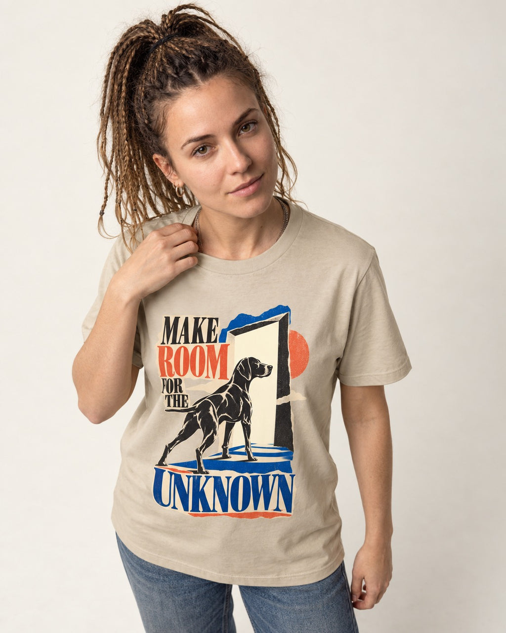 German Shorthaired Pointer Room for the Unknown T-Shirt in Sand, worn by a model