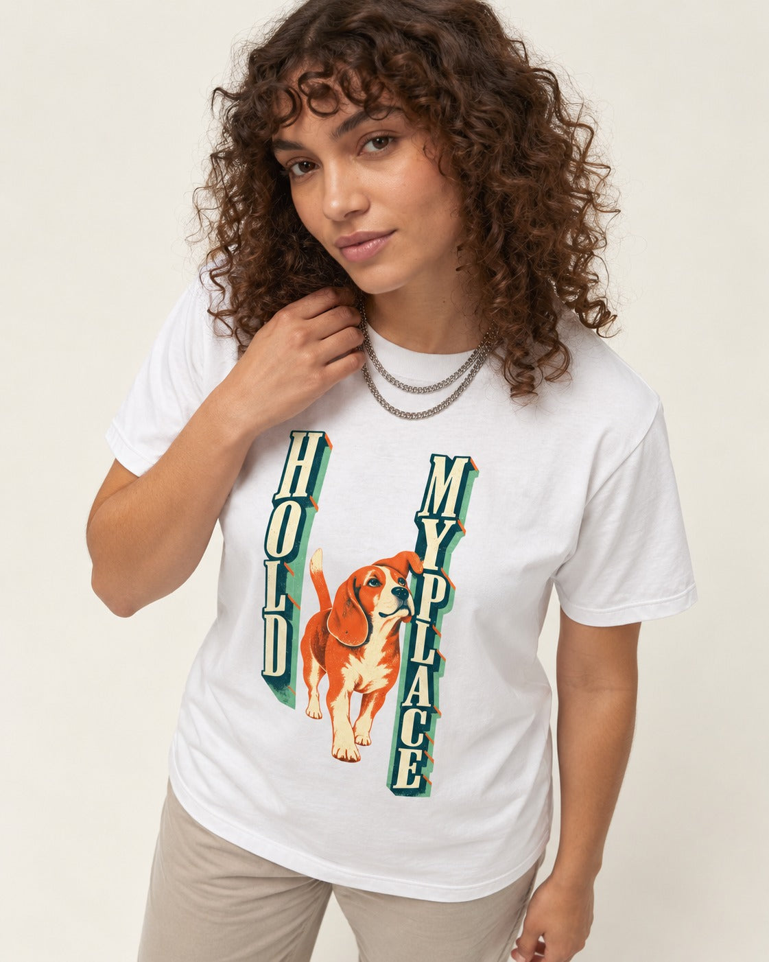 Vintage Beagle Hold My Place T-Shirt in White, worn by a model