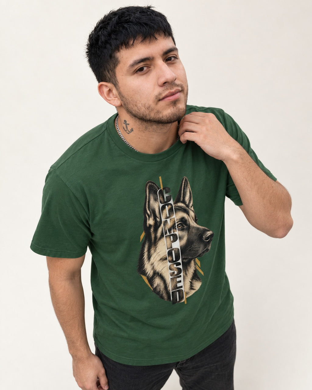 Composed Profile German Shepherd Dog Graphic T-Shirt in Forest Green, worn by a model