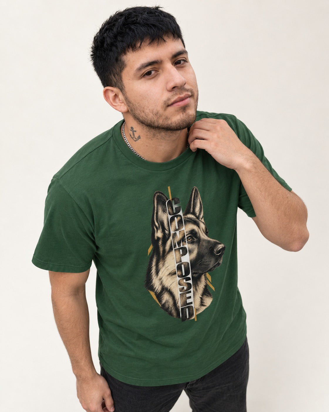 Composed Profile German Shepherd Dog Graphic T-Shirt in Forest Green, worn by a model