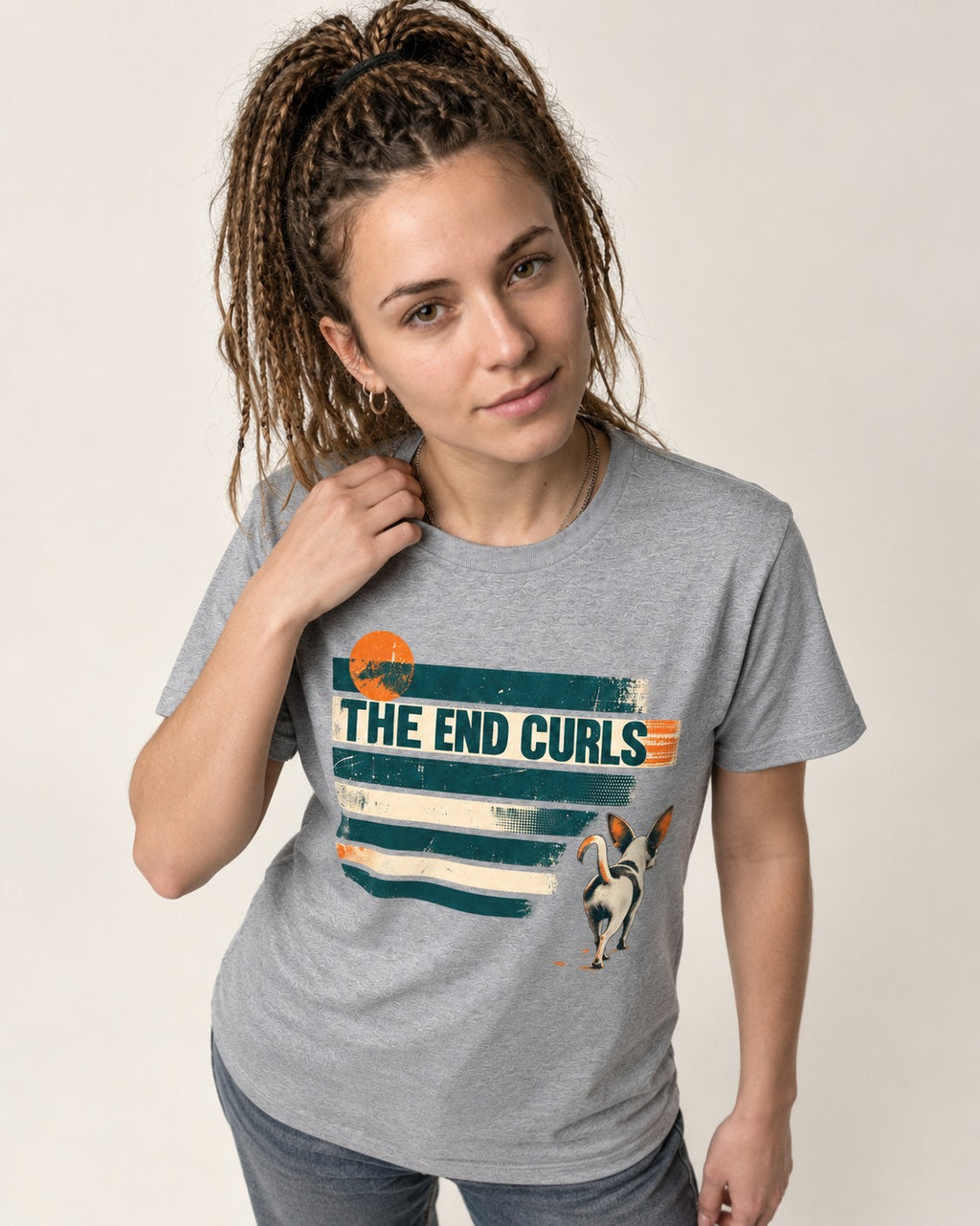 Chihuahua The End Curls Retro Stripe Graphic T-Shirt in Sport Grey, worn by a model