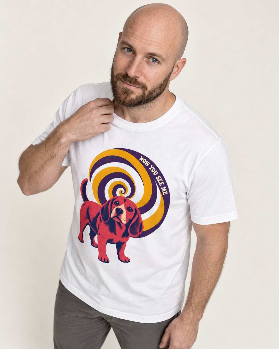 Now You See Me Beagle Spiral T-Shirt in White, worn by a model